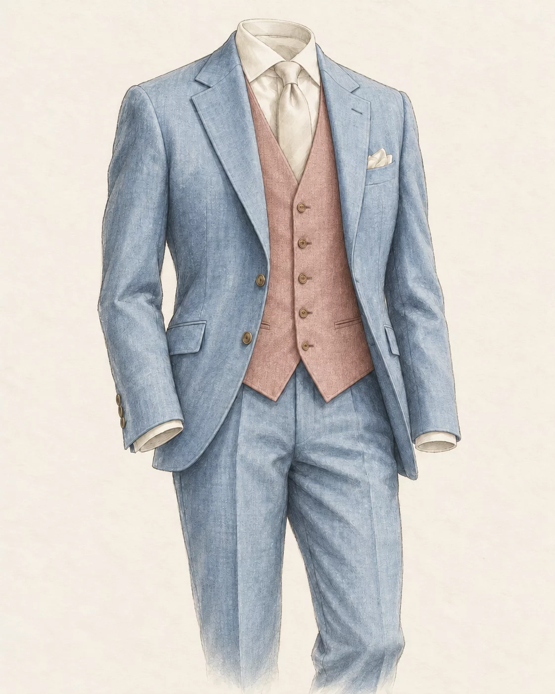 Costume de mariage bleu ciel et gilet rose poudré Illustration d’un costume de mariage bleu ciel avec gilet rose poudré et chemise ivoire
