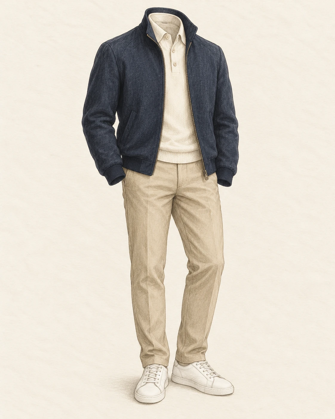 Sporty chic illustration: navy Harrington jacket, sand chinos and white sneakers