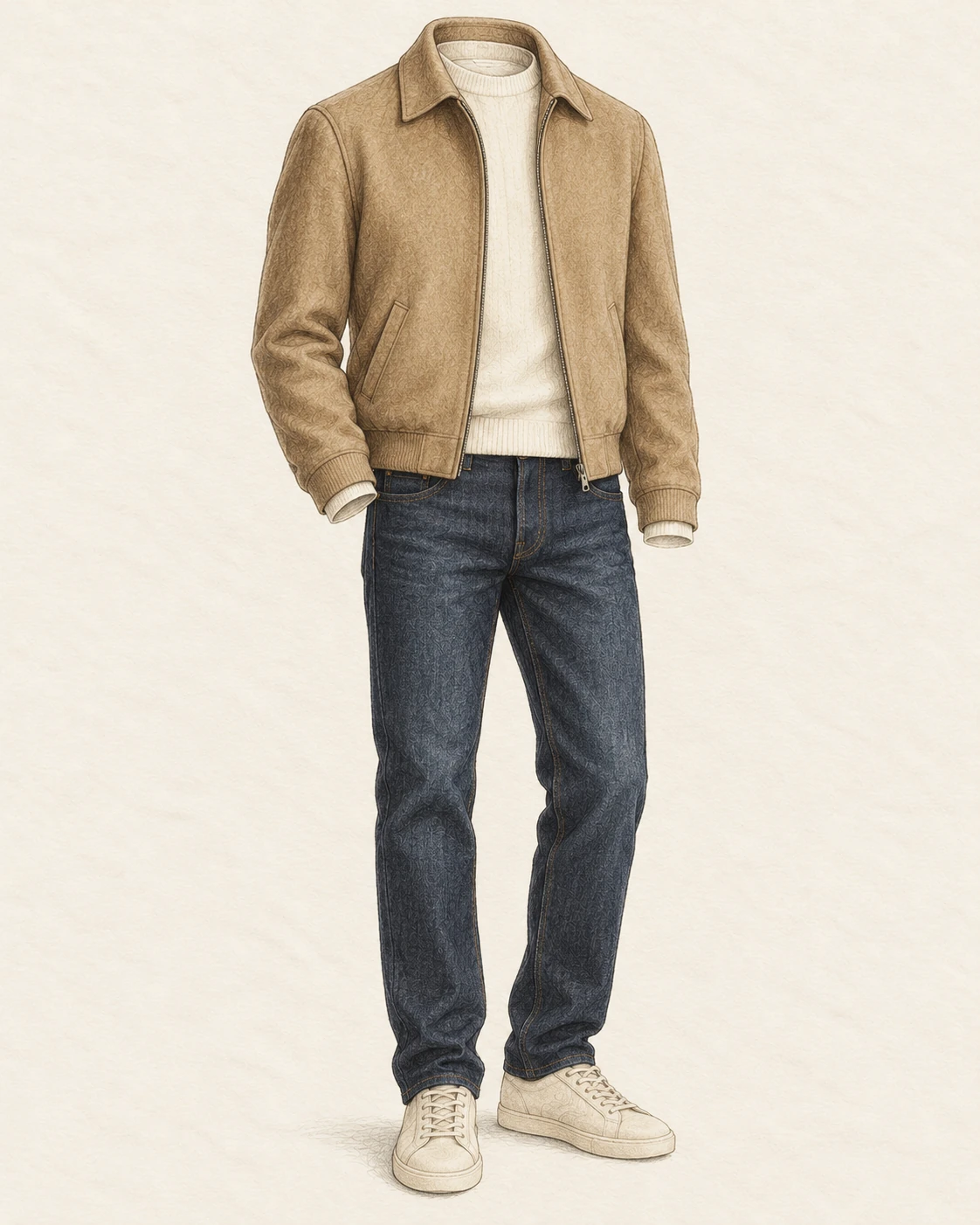 Sporty chic illustration: camel jacket, raw jeans and cream sneakers
