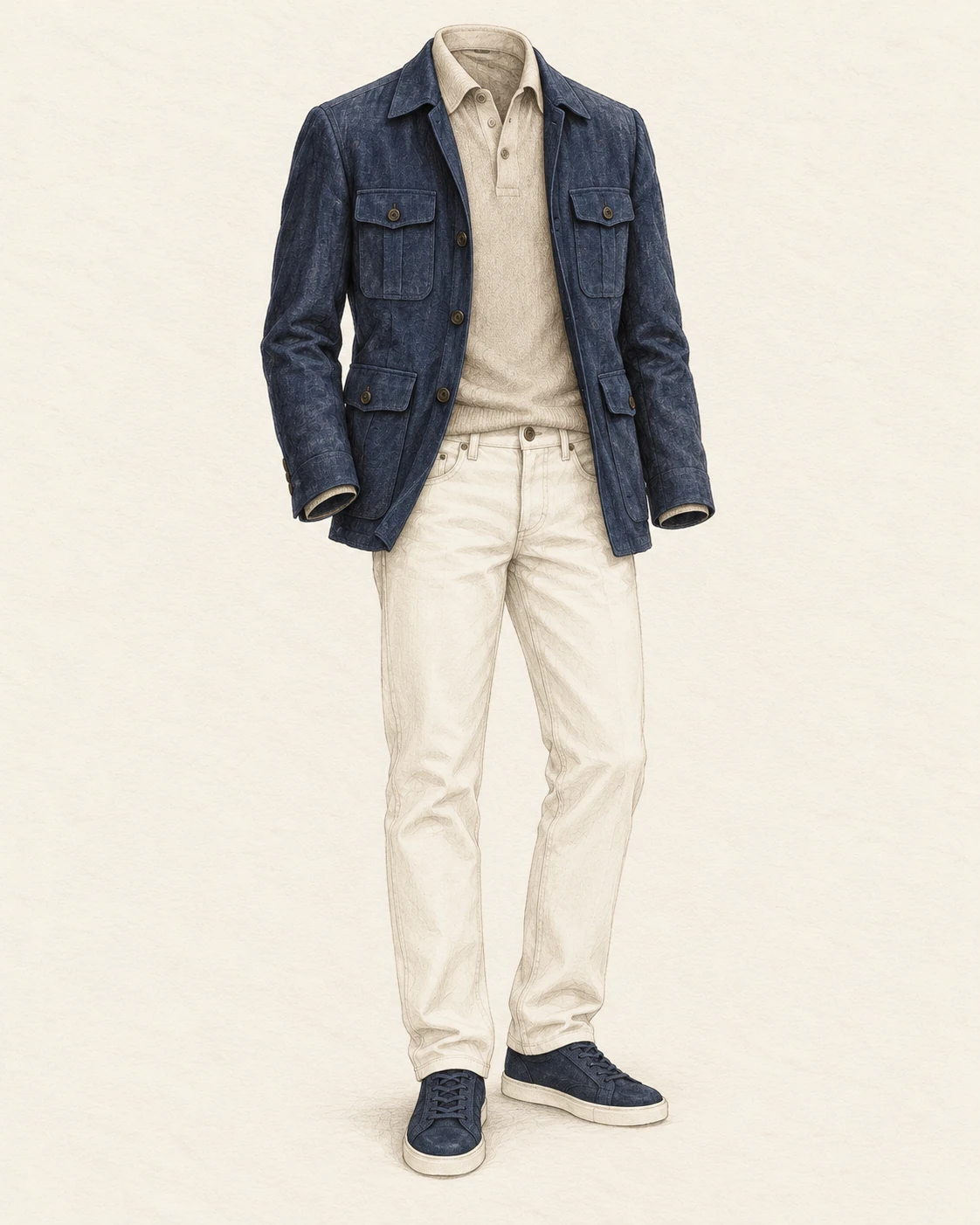 Sporty chic illustration: navy Sahara, khaki jeans and blue sneakers